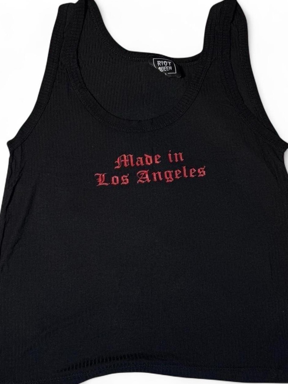 Riot Queen Black Ribbed Tank Top with Red 'Made in Los Angeles' Print